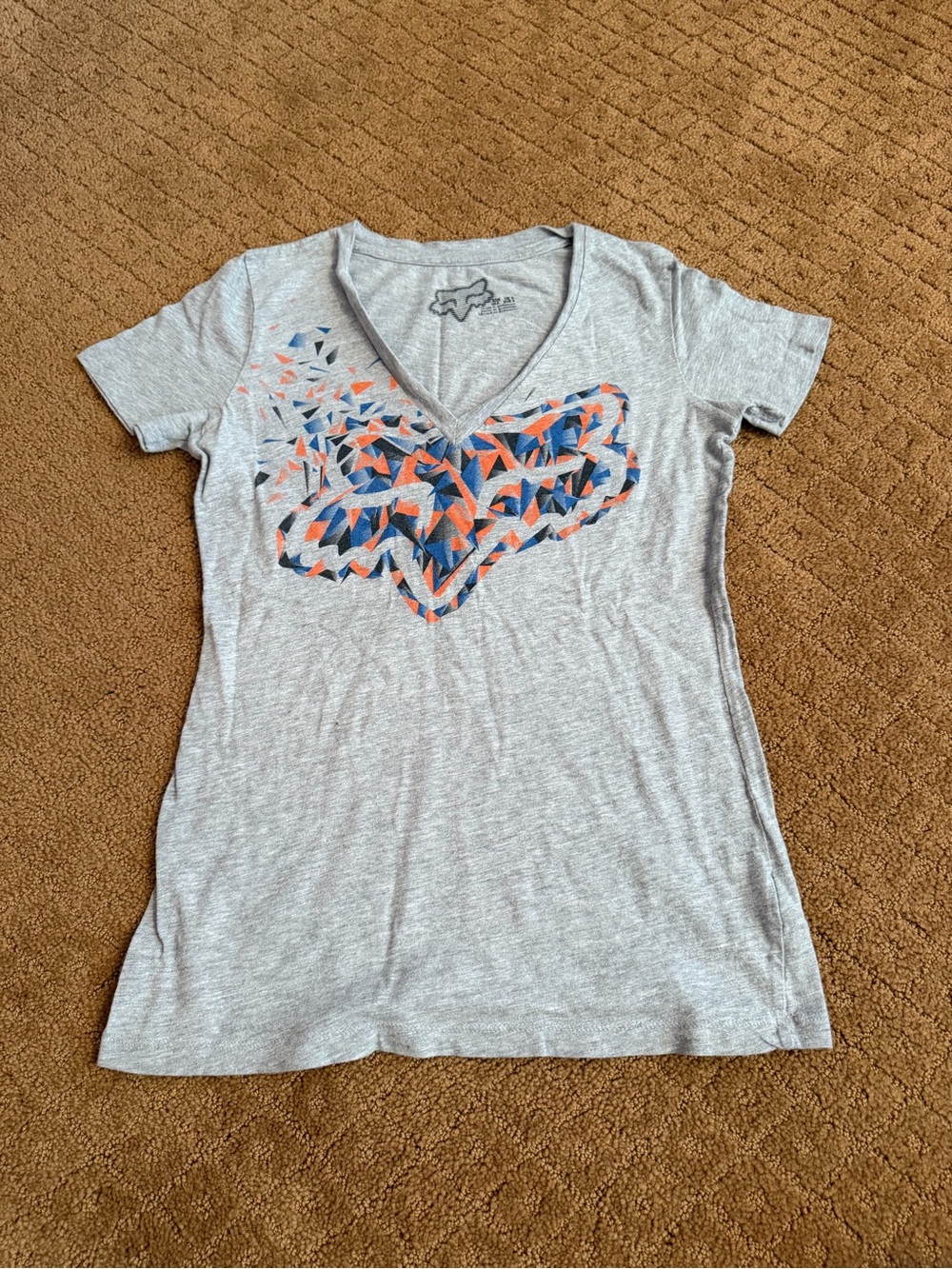 Fox Racing Gray V-neck Multi Color T Shirt Women’s Size Small Y2K